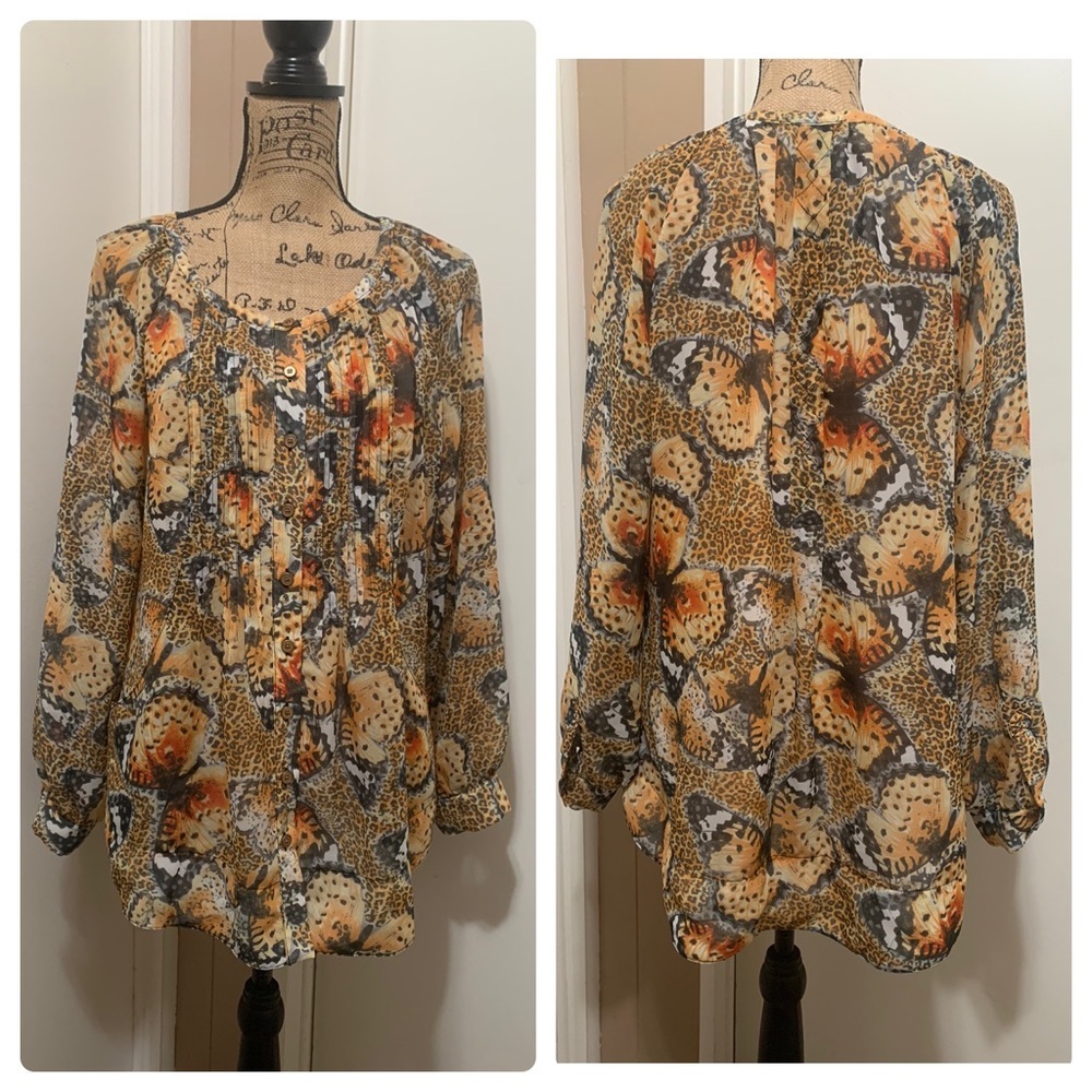 Grace Elements Blouse Animal Print Butterflies L